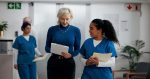 Women, nurse and tablet with hospital manager for planning, surgery schedule and patient report. People, digital and chart with medical results, healthcare agenda and information on operation funding